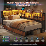 DICTAC | Corner Bed Frame with Storage Drawers & Bookcase, LED Lights & Charging Station – Rustic