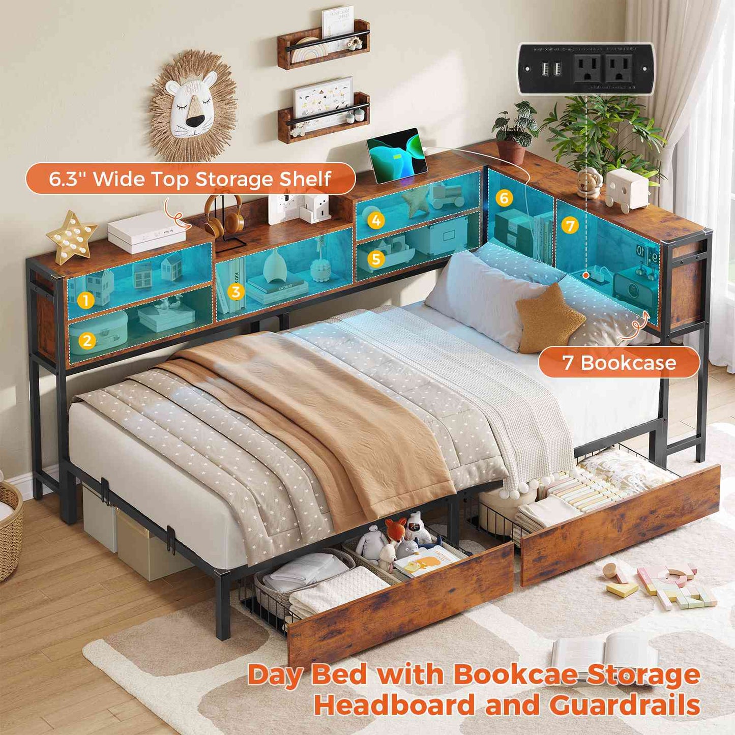 DICTAC | Twin Corner Bed Frame with Storage, LED Lights & Charging Station, Metal Daybed with Drawers & Bookcase (Rustic)