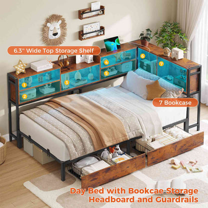 DICTAC | Twin Corner Bed Frame with Storage, LED Lights & Charging Station, Metal Daybed with Drawers & Bookcase (Rustic)