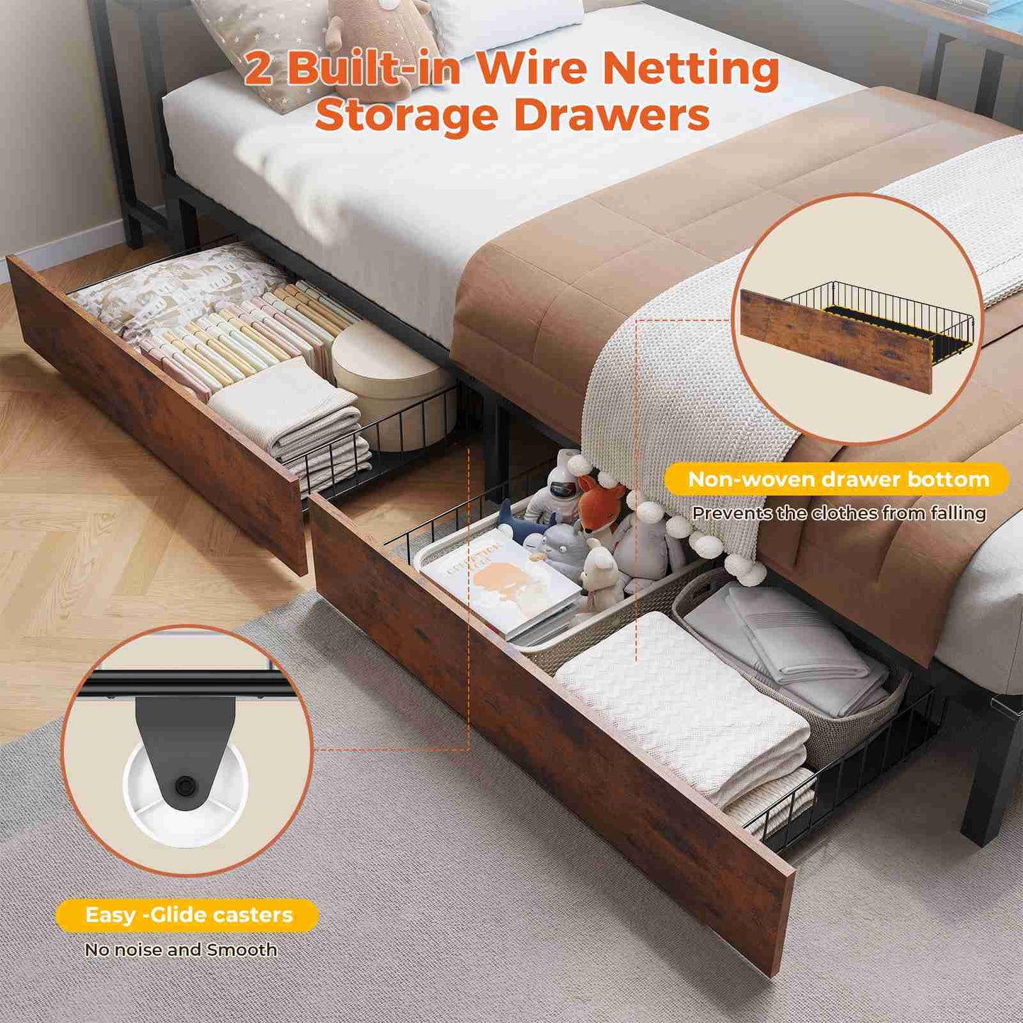DICTAC | Twin Corner Bed Frame with Storage, LED Lights & Charging Station, Metal Daybed with Drawers & Bookcase (Rustic)