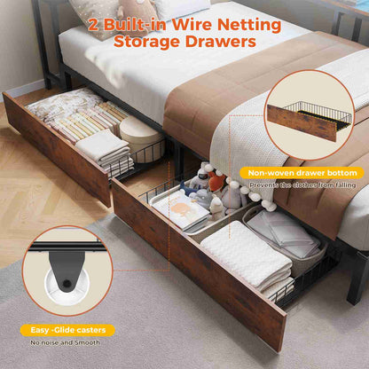 DICTAC | Twin Corner Bed Frame with Storage, LED Lights & Charging Station, Metal Daybed with Drawers & Bookcase (Rustic)