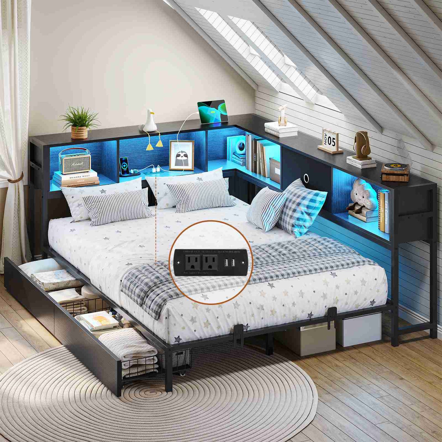 DICTAC | Twin Corner Bed Frame with Storage, Bookcase Headboard, LED Lights & Charging Station – Metal Daybed with Drawers for Kids & Teens (Black)