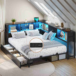 DICTAC | Corner Bed Frame with Storage, Bookcase Headboard, LED Lights & Charging Station – Metal Daybed with Drawers for Kids & Teens (Black)