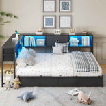 DICTAC | Corner Bed Frame with Storage, Bookcase Headboard, LED Lights & Charging Station – Metal Daybed with Drawers for Kids & Teens (Black)