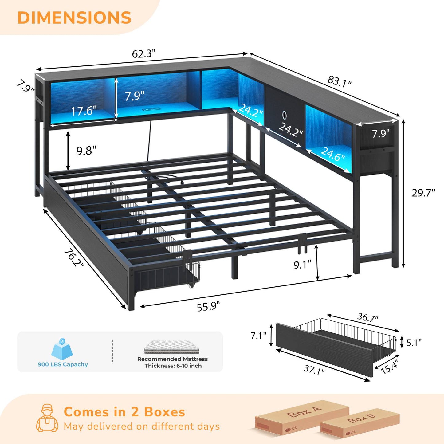 DICTAC | Twin Corner Bed Frame with Storage, Bookcase Headboard, LED Lights & Charging Station – Metal Daybed with Drawers for Kids & Teens (Black)