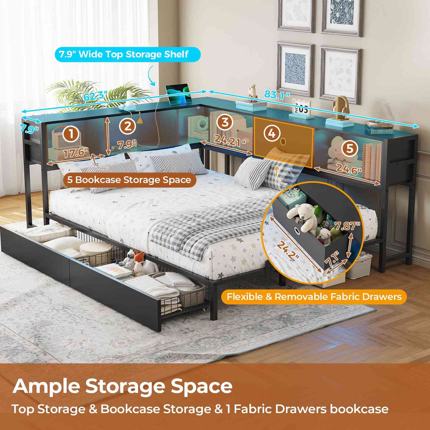 DICTAC | Twin Corner Bed Frame with Storage, Bookcase Headboard, LED Lights & Charging Station – Metal Daybed with Drawers for Kids & Teens (Black)