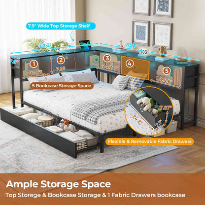 DICTAC | Twin Corner Bed Frame with Storage, Bookcase Headboard, LED Lights & Charging Station – Metal Daybed with Drawers for Kids & Teens (Black)