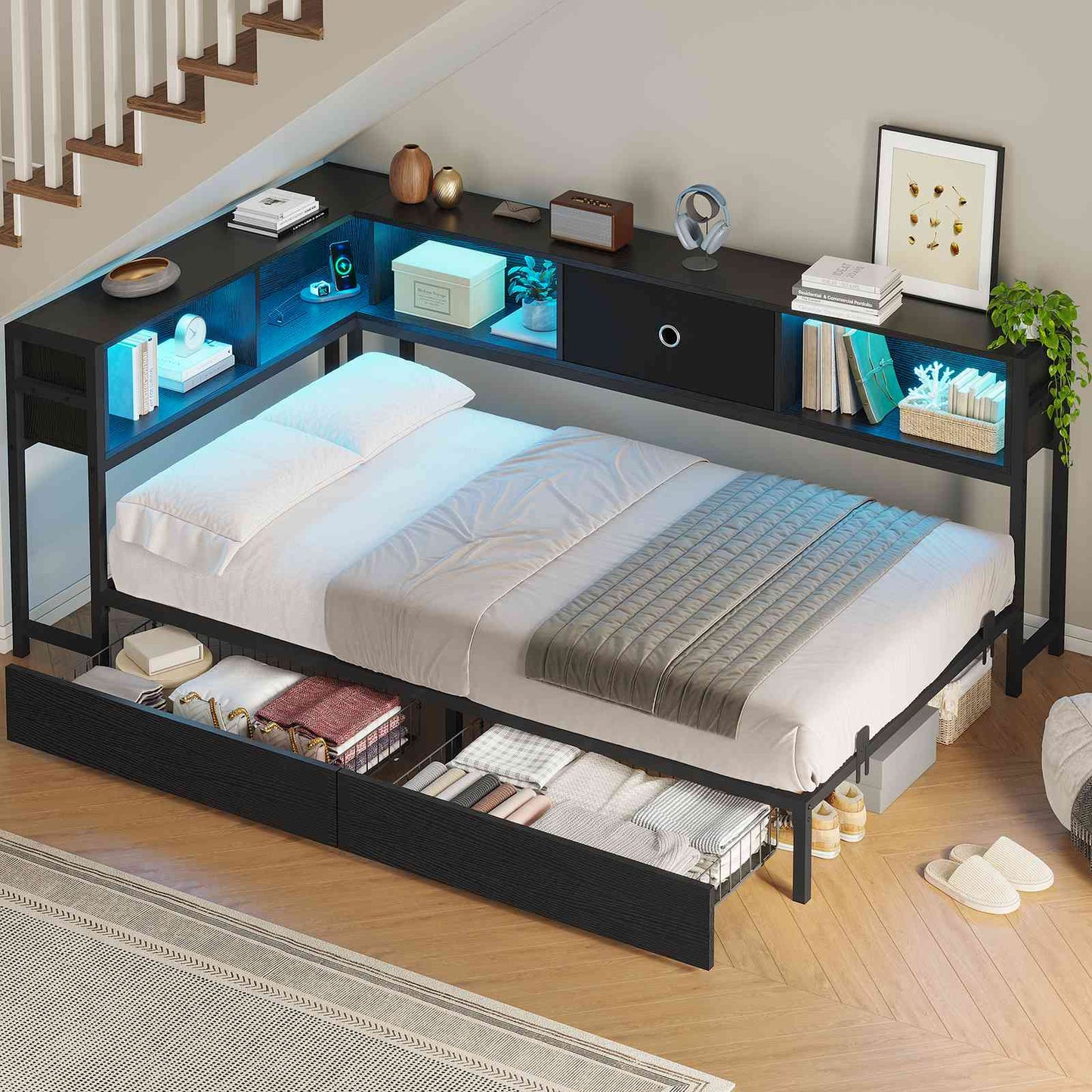 DICTAC | Twin Corner Bed Frame with Storage, Bookcase Headboard, LED Lights & Charging Station – Metal Daybed with Drawers for Kids & Teens (Black)