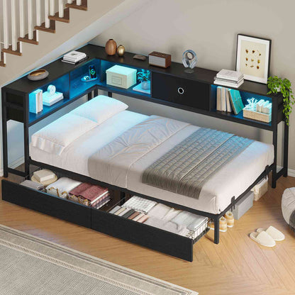 DICTAC | Twin Corner Bed Frame with Storage, Bookcase Headboard, LED Lights & Charging Station – Metal Daybed with Drawers for Kids & Teens (Black)