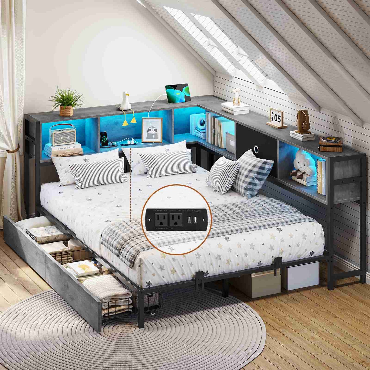 DICTAC | Twin Corner Bed Frame with Storage, Bookcase Headboard, LED Lights & Charging Station – Metal Daybed with Drawers for Kids & Teens (Oak Gray)