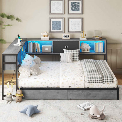 DICTAC | Twin Corner Bed Frame with Storage, Bookcase Headboard, LED Lights & Charging Station – Metal Daybed with Drawers for Kids & Teens (Oak Gray)