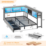 DICTAC | Corner Bed Frame with Storage, Bookcase Headboard, LED Lights & Charging Station – Metal Daybed with Drawers for Kids & Teens (Oak Gray)