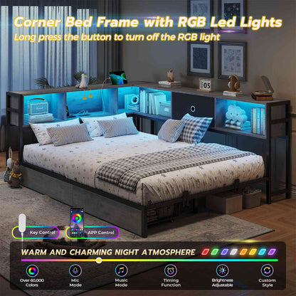 DICTAC | Twin Corner Bed Frame with Storage, Bookcase Headboard, LED Lights & Charging Station – Metal Daybed with Drawers for Kids & Teens (Oak Gray)