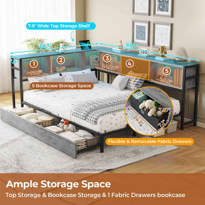 DICTAC | Twin Corner Bed Frame with Storage, Bookcase Headboard, LED Lights & Charging Station – Metal Daybed with Drawers for Kids & Teens (Oak Gray)
