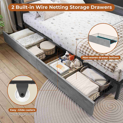 DICTAC | Twin Corner Bed Frame with Storage, Bookcase Headboard, LED Lights & Charging Station – Metal Daybed with Drawers for Kids & Teens (Oak Gray)