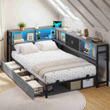 DICTAC | Corner Bed Frame with Storage, Bookcase Headboard, LED Lights & Charging Station – Metal Daybed with Drawers for Kids & Teens (Oak Gray)