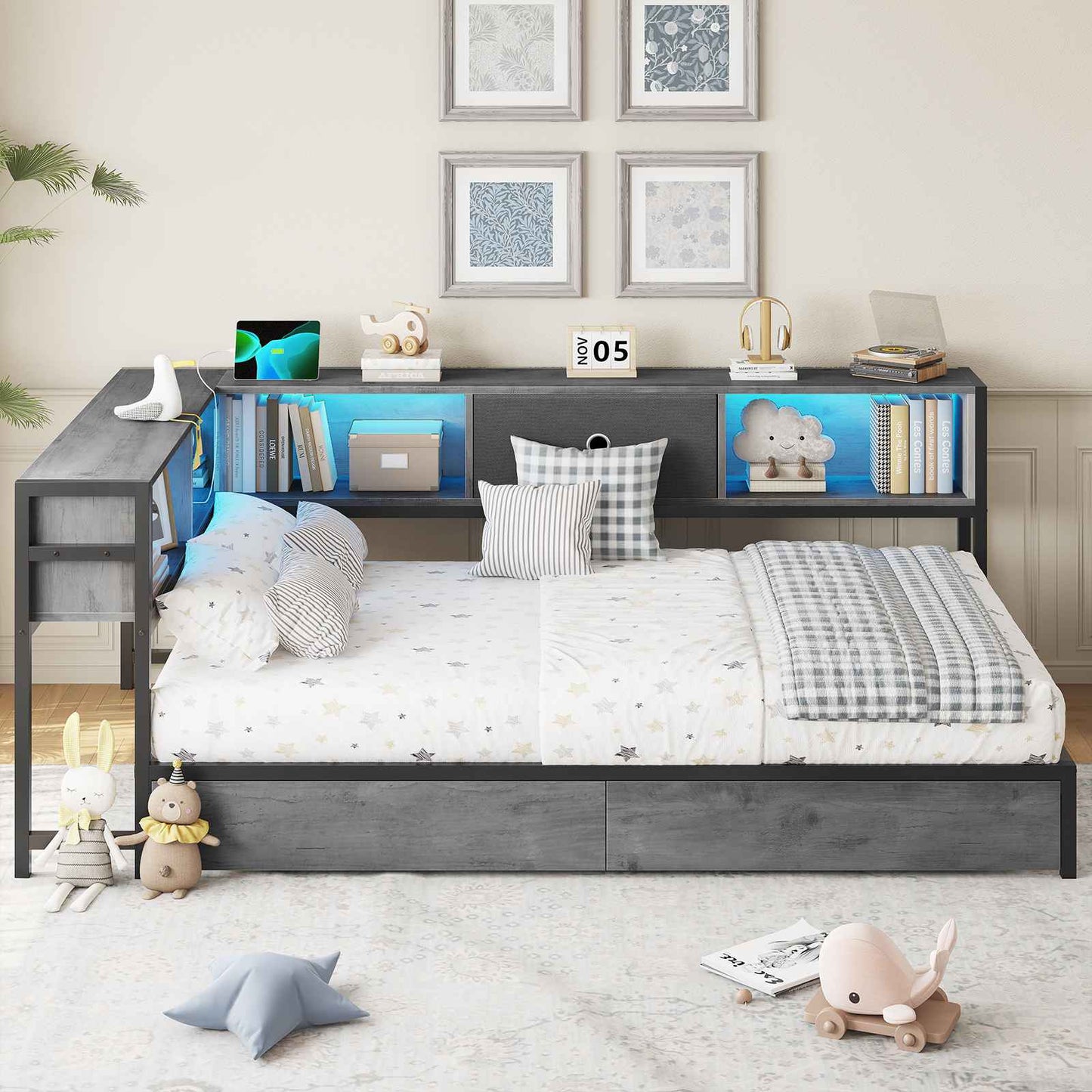 DICTAC | Twin Corner Bed Frame with Storage, Bookcase Headboard, LED Lights & Charging Station – Metal Daybed with Drawers for Kids & Teens (Oak Gray)