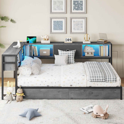 DICTAC | Twin Corner Bed Frame with Storage, Bookcase Headboard, LED Lights & Charging Station – Metal Daybed with Drawers for Kids & Teens (Oak Gray)