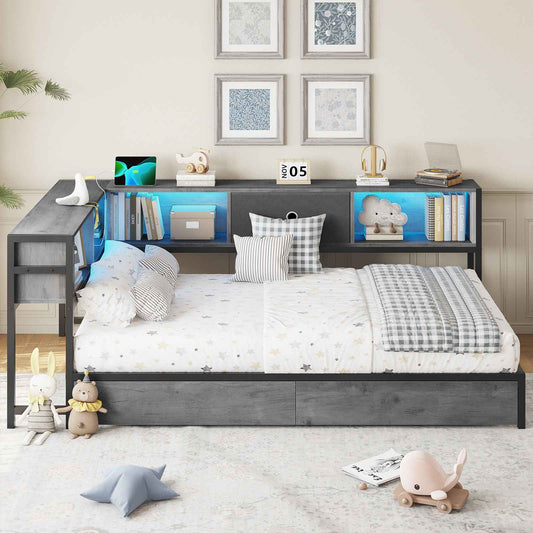 DICTAC | Corner Bed Frame with Storage, Bookcase Headboard, LED Lights & Charging Station – Metal Daybed with Drawers for Kids & Teens (Oak Gray)