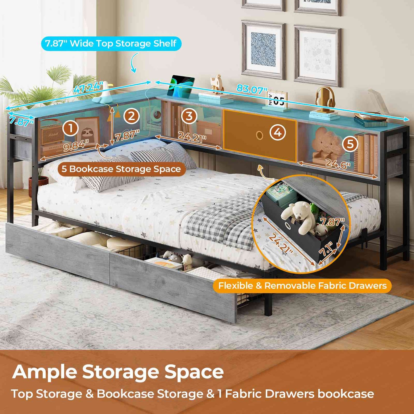DICTAC | Twin Corner Bed Frame with Storage, Bookcase Headboard, LED Lights & Charging Station – Metal Daybed with Drawers for Kids & Teens (Oak Gray)