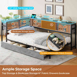 DICTAC | Corner Bed Frame with Storage, Bookcase Headboard, LED Lights & Charging Station – Metal Daybed with Drawers for Kids & Teens (Oak Gray)