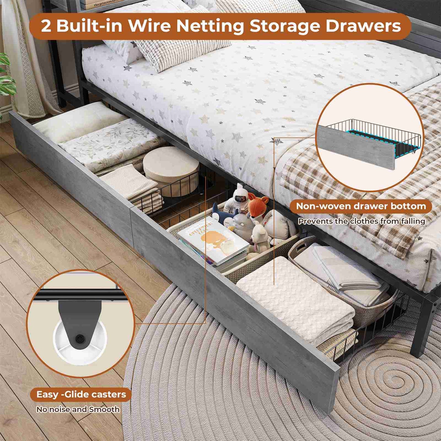 DICTAC | Twin Corner Bed Frame with Storage, Bookcase Headboard, LED Lights & Charging Station – Metal Daybed with Drawers for Kids & Teens (Oak Gray)