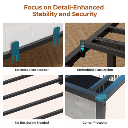 DICTAC | Twin Corner Bed Frame with Storage, Bookcase Headboard, LED Lights & Charging Station – Metal Daybed with Drawers for Kids & Teens (Oak Gray)
