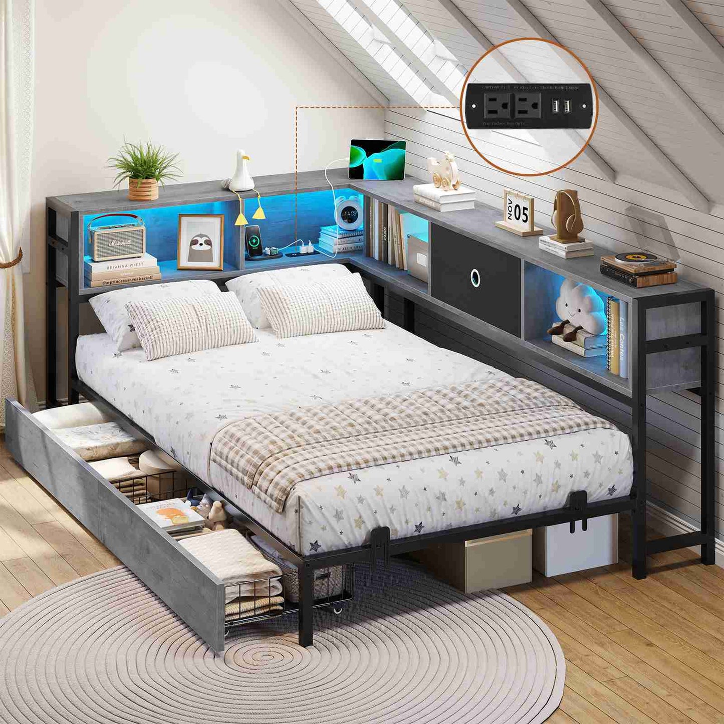 DICTAC | Twin Corner Bed Frame with Storage, Bookcase Headboard, LED Lights & Charging Station – Metal Daybed with Drawers for Kids & Teens (Oak Gray)