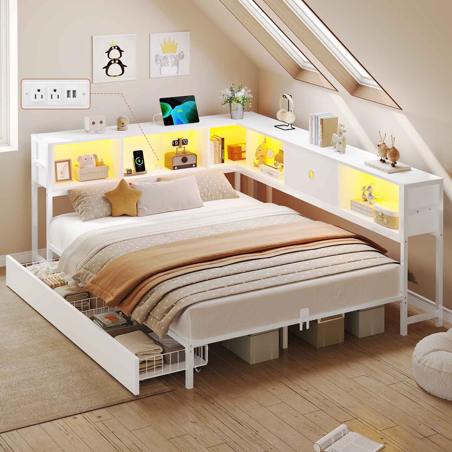 DICTAC | Twin Corner Bed Frame with Storage, Bookcase Headboard, LED Lights & Charging Station – Metal Daybed with Drawers for Kids & Teens (White)