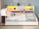 DICTAC | Corner Bed Frame with Storage, Bookcase Headboard, LED Lights & Charging Station – Metal Daybed with Drawers for Kids & Teens (White)