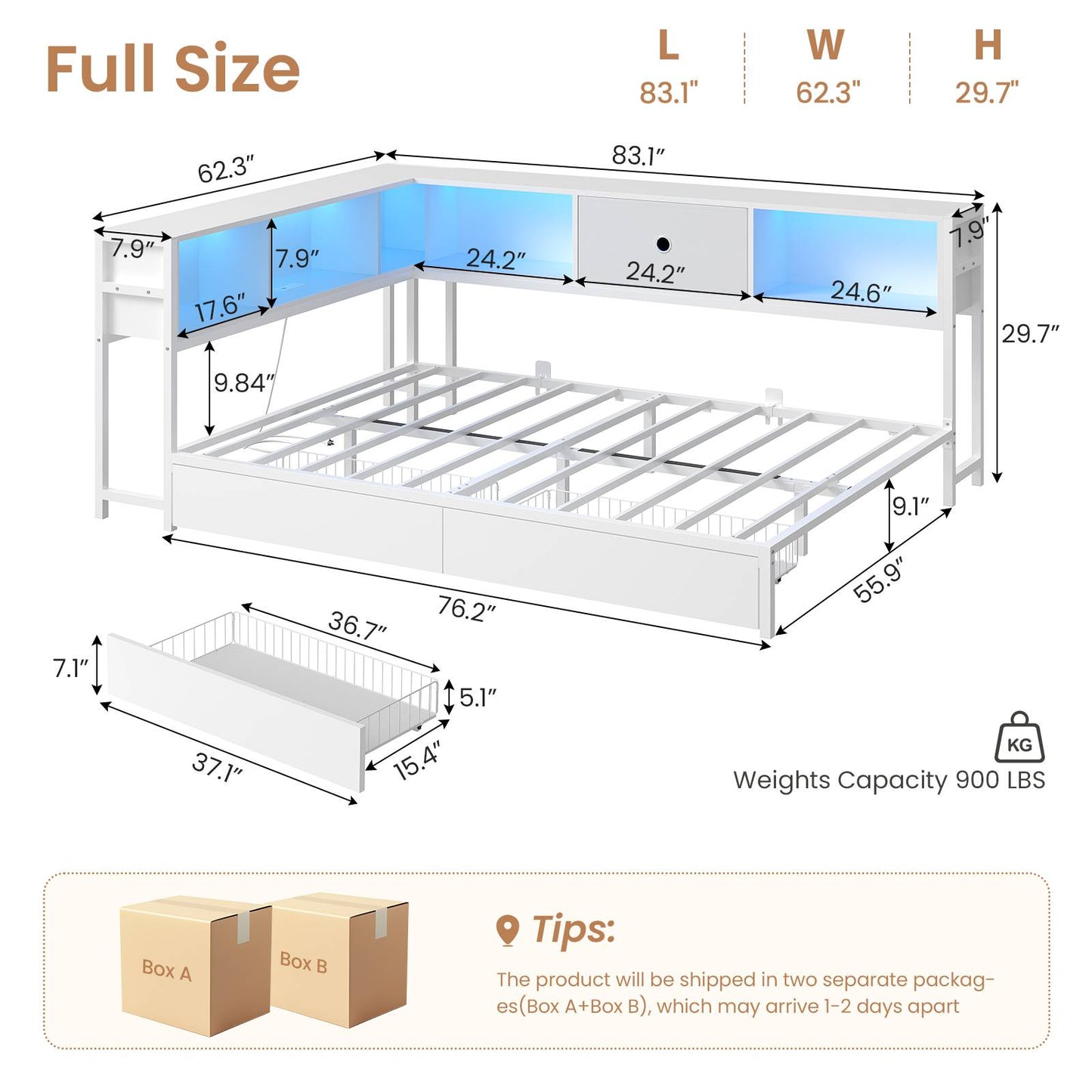 DICTAC | Twin Corner Bed Frame with Storage, Bookcase Headboard, LED Lights & Charging Station – Metal Daybed with Drawers for Kids & Teens (White)