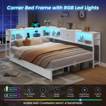 DICTAC | Corner Bed Frame with Storage, Bookcase Headboard, LED Lights & Charging Station – Metal Daybed with Drawers for Kids & Teens (White)