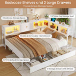 DICTAC | Corner Bed Frame with Storage, Bookcase Headboard, LED Lights & Charging Station – Metal Daybed with Drawers for Kids & Teens (White)