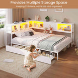DICTAC | Corner Bed Frame with Storage, Bookcase Headboard, LED Lights & Charging Station – Metal Daybed with Drawers for Kids & Teens (White)