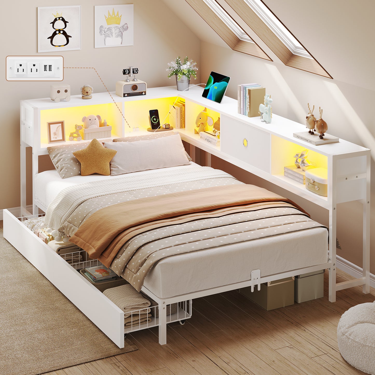 DICTAC | Twin Corner Bed Frame with Storage, Bookcase Headboard, LED Lights & Charging Station – Metal Daybed with Drawers for Kids & Teens (White)