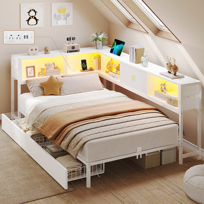 DICTAC | Twin Corner Bed Frame with Storage, Bookcase Headboard, LED Lights & Charging Station – Metal Daybed with Drawers for Kids & Teens (White)