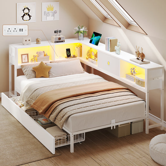 DICTAC | Twin Corner Bed Frame with Storage, Bookcase Headboard, LED Lights & Charging Station – Metal Daybed with Drawers for Kids & Teens (White)