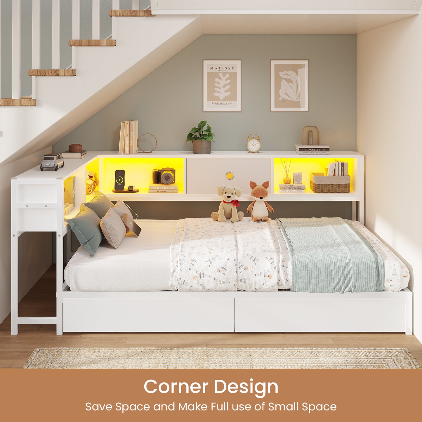 DICTAC | Twin Corner Bed Frame with Storage, Bookcase Headboard, LED Lights & Charging Station – Metal Daybed with Drawers for Kids & Teens (White)