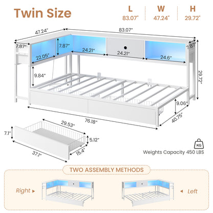 DICTAC | Twin Corner Bed Frame with Storage, Bookcase Headboard, LED Lights & Charging Station – Metal Daybed with Drawers for Kids & Teens (White)