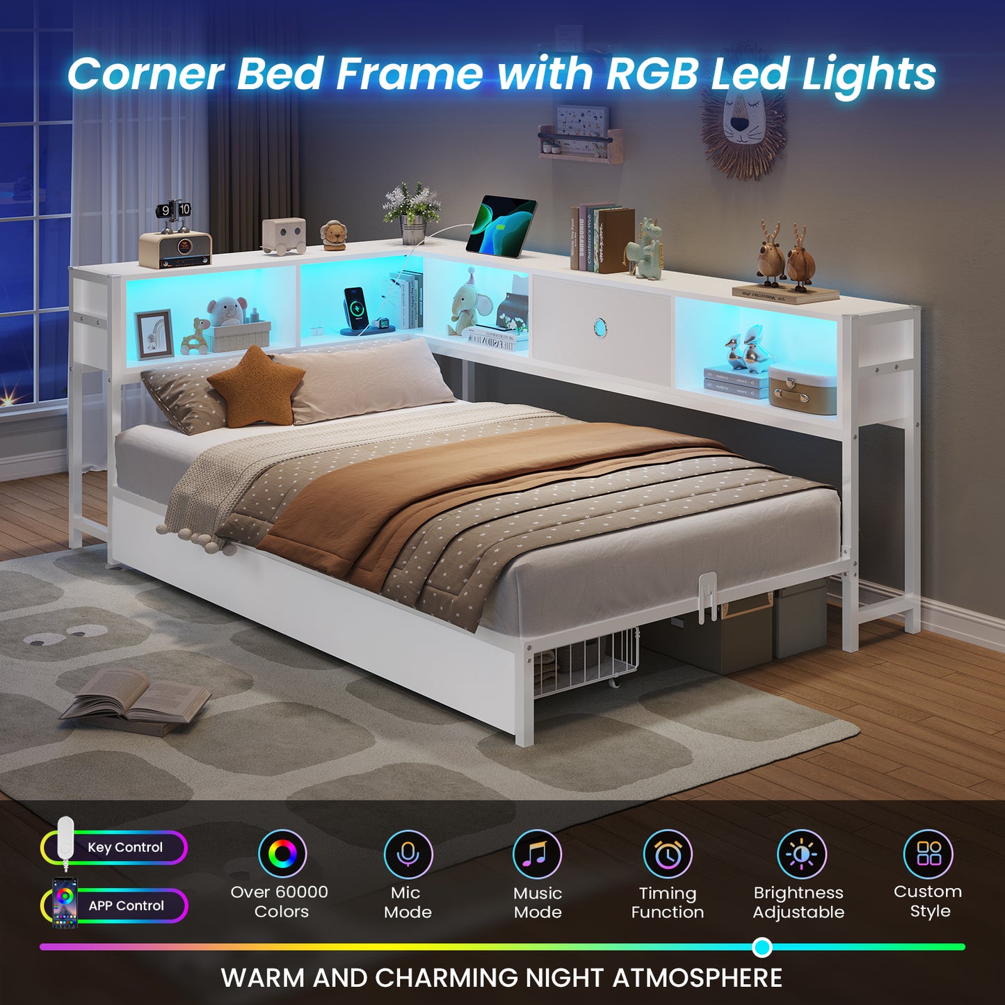 DICTAC | Twin Corner Bed Frame with Storage, Bookcase Headboard, LED Lights & Charging Station – Metal Daybed with Drawers for Kids & Teens (White)