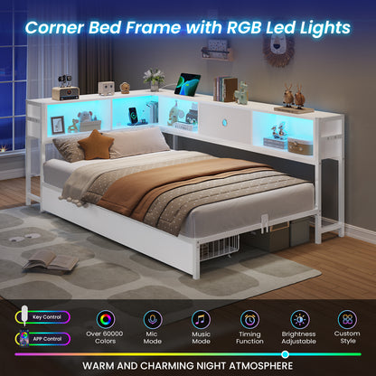DICTAC | Twin Corner Bed Frame with Storage, Bookcase Headboard, LED Lights & Charging Station – Metal Daybed with Drawers for Kids & Teens (White)