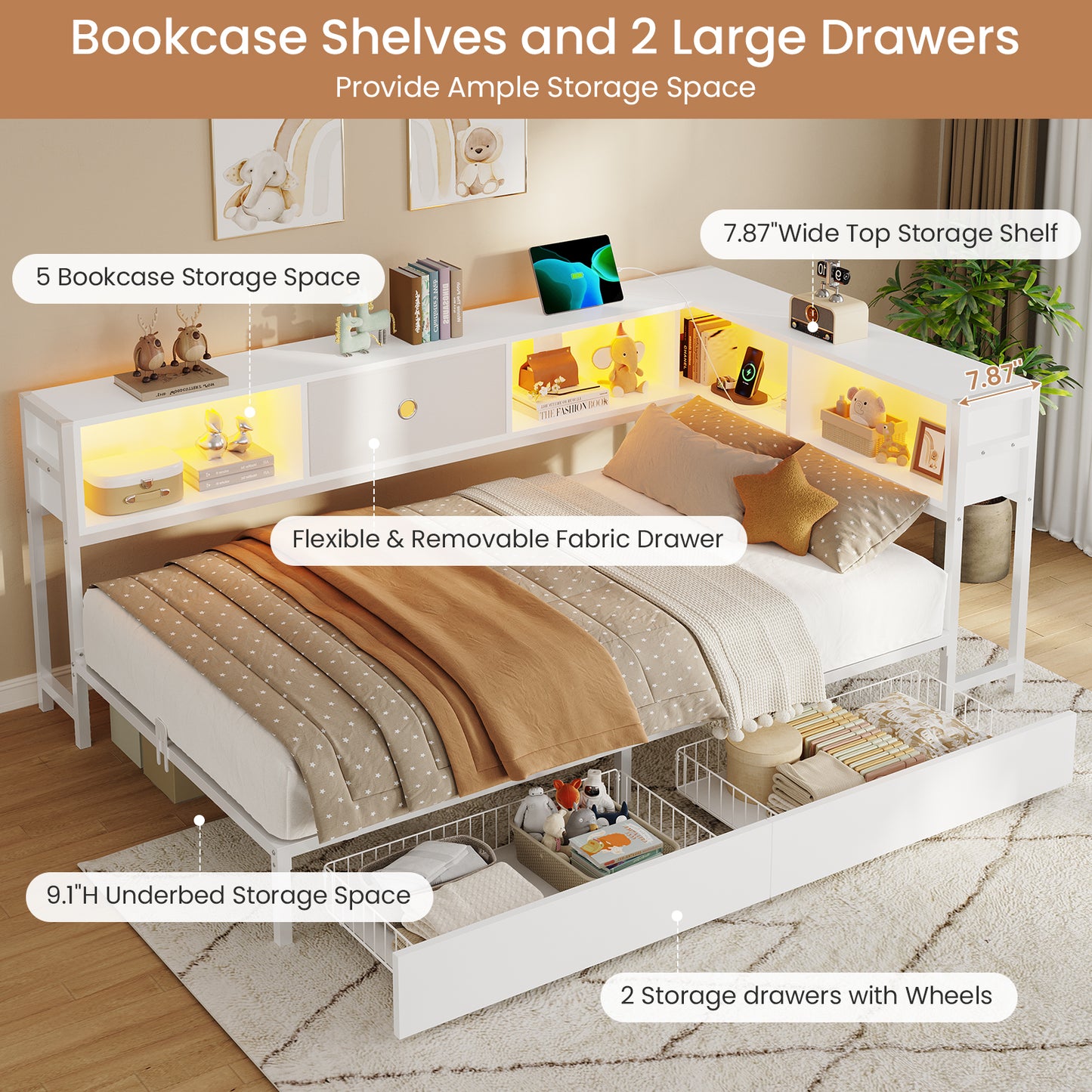 DICTAC | Twin Corner Bed Frame with Storage, Bookcase Headboard, LED Lights & Charging Station – Metal Daybed with Drawers for Kids & Teens (White)