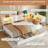 DICTAC | Corner Bed Frame with Storage, Bookcase Headboard, LED Lights & Charging Station – Metal Daybed with Drawers for Kids & Teens (White)