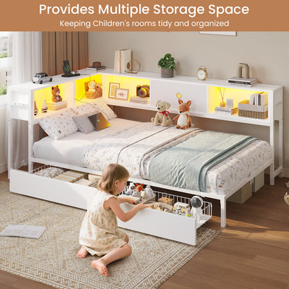 DICTAC | Twin Corner Bed Frame with Storage, Bookcase Headboard, LED Lights & Charging Station – Metal Daybed with Drawers for Kids & Teens (White)