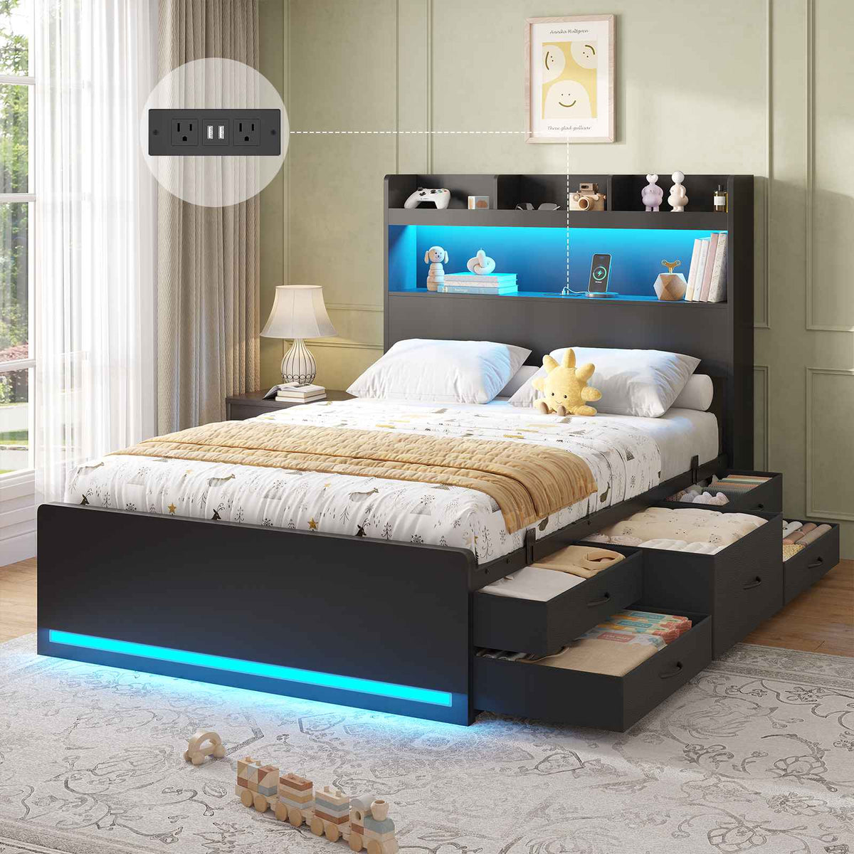 DICTAC | Platform Bed Frame with Storage Headboard, 5 Drawers, Charging Station & LED Lights