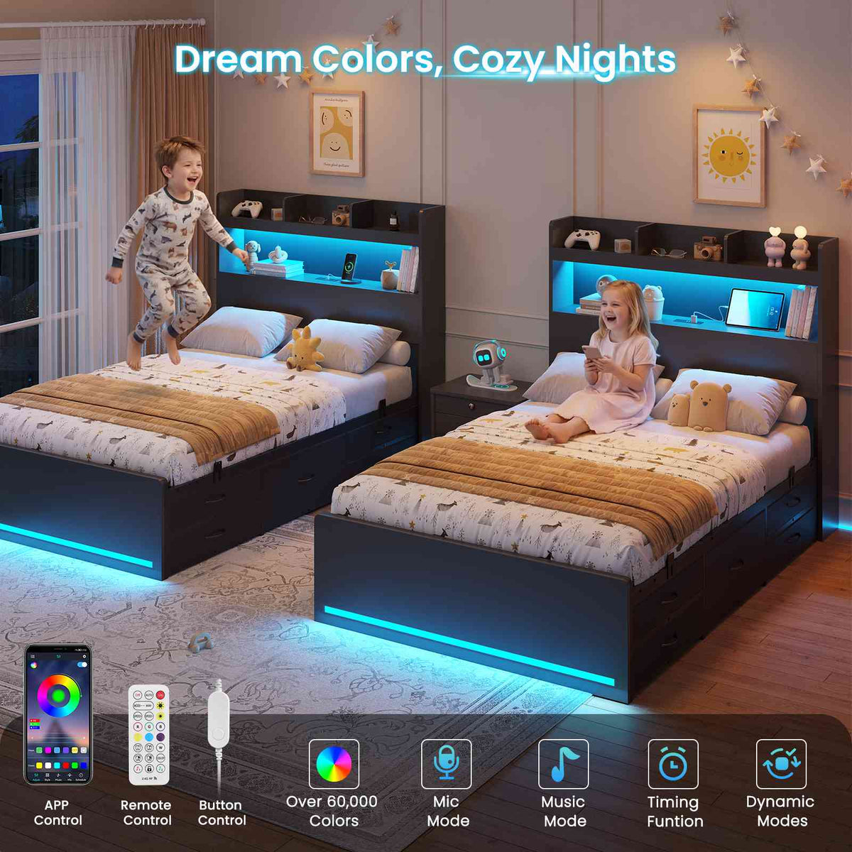 DICTAC | Platform Bed Frame with Storage Headboard, 5 Drawers, Charging Station & LED Lights
