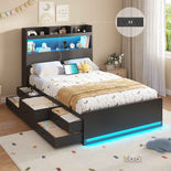 DICTAC | Platform Bed Frame with Storage Headboard, 5 Drawers, Charging Station & LED Lights