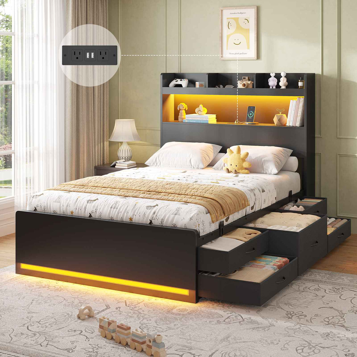 DICTAC | Platform Bed Frame with Storage Headboard, 5 Drawers, Charging Station & LED Lights
