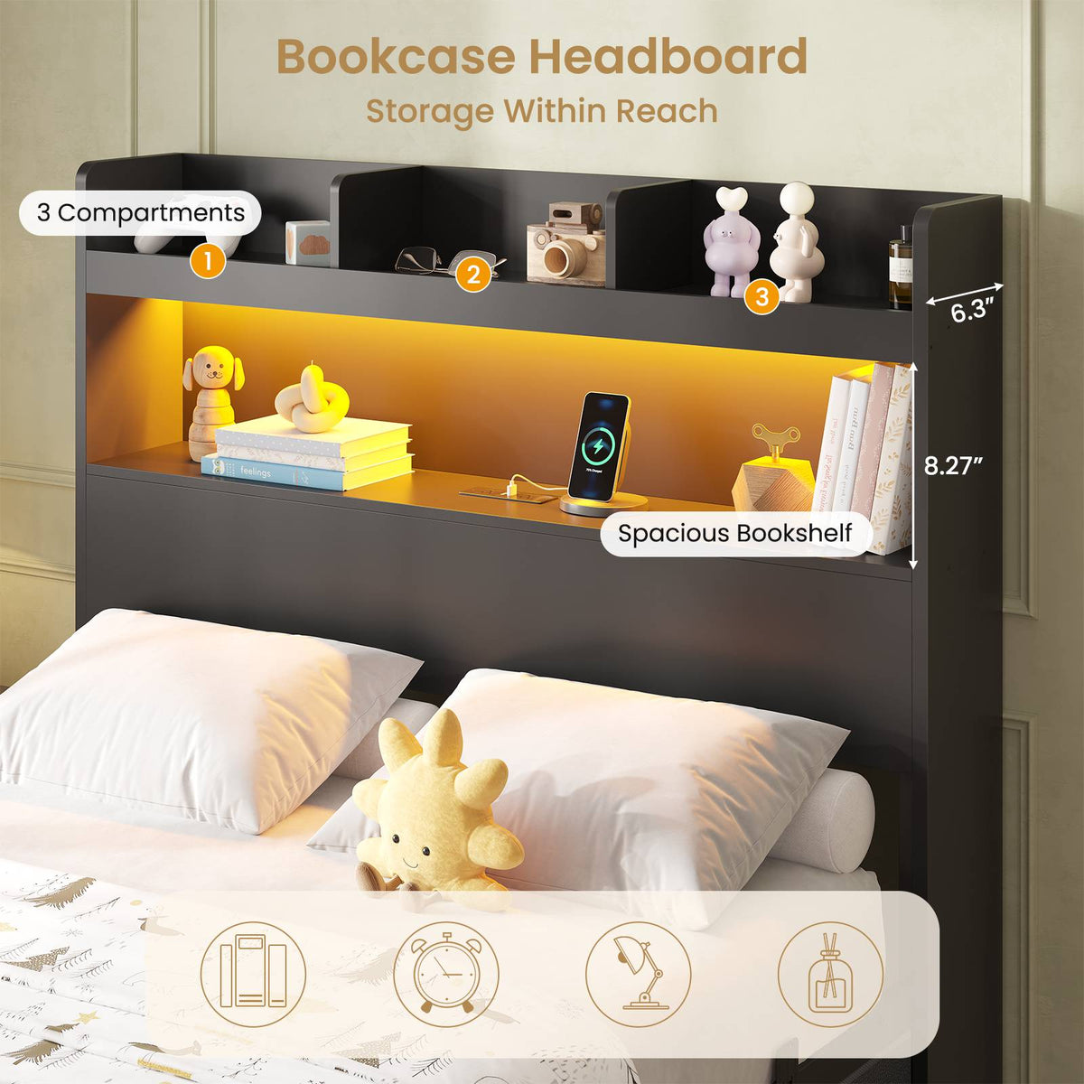 DICTAC | Platform Bed Frame with Storage Headboard, 5 Drawers, Charging Station & LED Lights