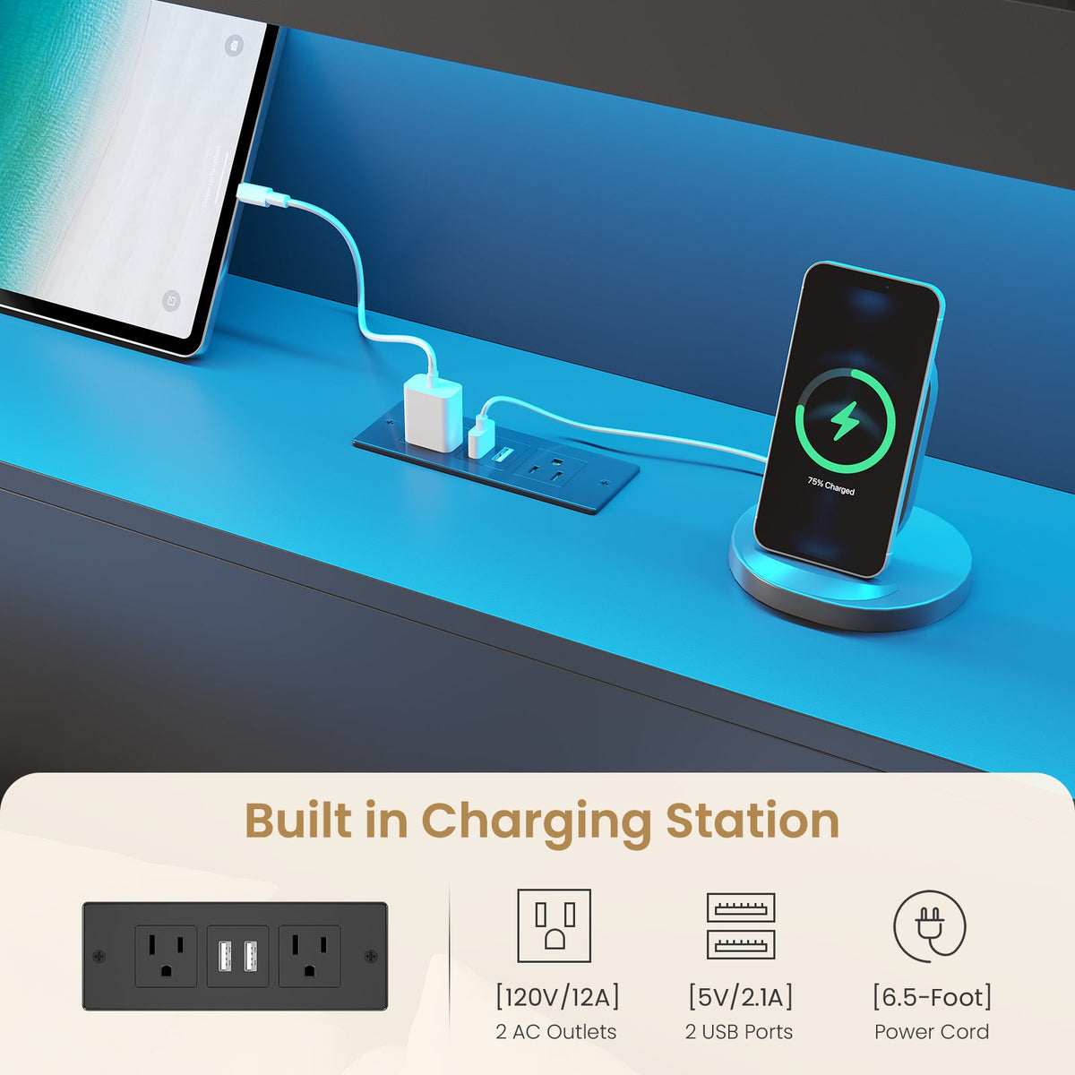 DICTAC | Platform Bed Frame with Storage Headboard, 5 Drawers, Charging Station & LED Lights